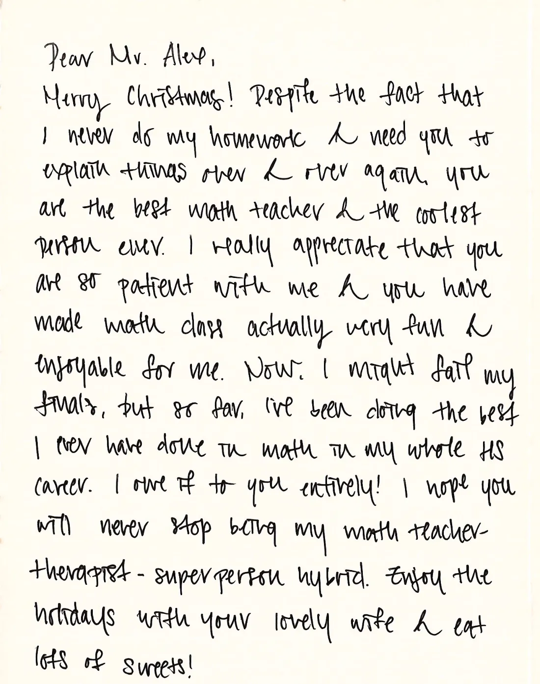 Handwritten letter from a student